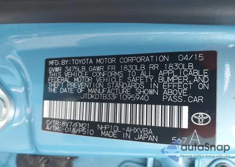 2015 Toyota Prius C Two z USA, uszkodzony, nr VIN JTDKDTB33F1095940